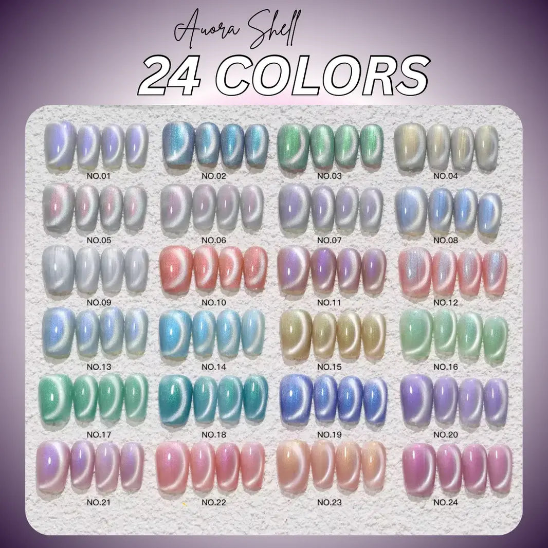 Nacy Seashell Auora Cat Eye Set 24 Colors / Free color chart Book display