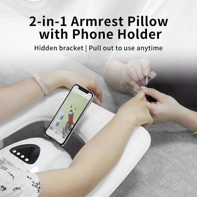 Gray U-Shaped ArmRest for Nails Salon with Rotating Built-In Phone Holder and Adjustable