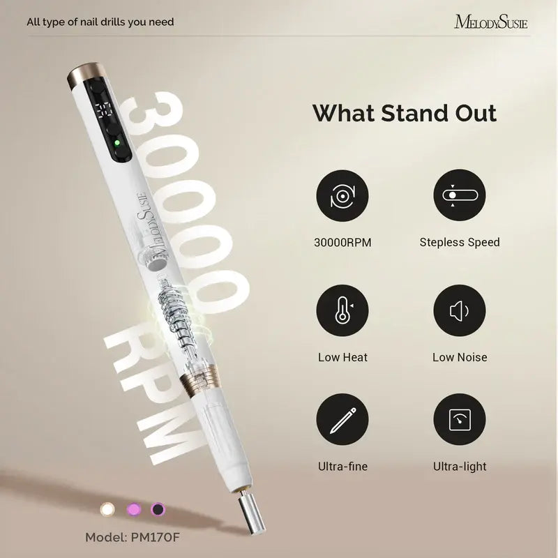 MelodySusie PM170F Pen-Shaped Ultra-Slim Rechargeable Nail Drill 30,000RPM