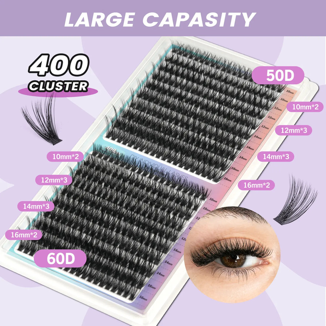50D 60D Mega Volume Lash Clusters Kit 400PCS, D Curl False Eyelashes with Lash Glue and Applicator Tweezer