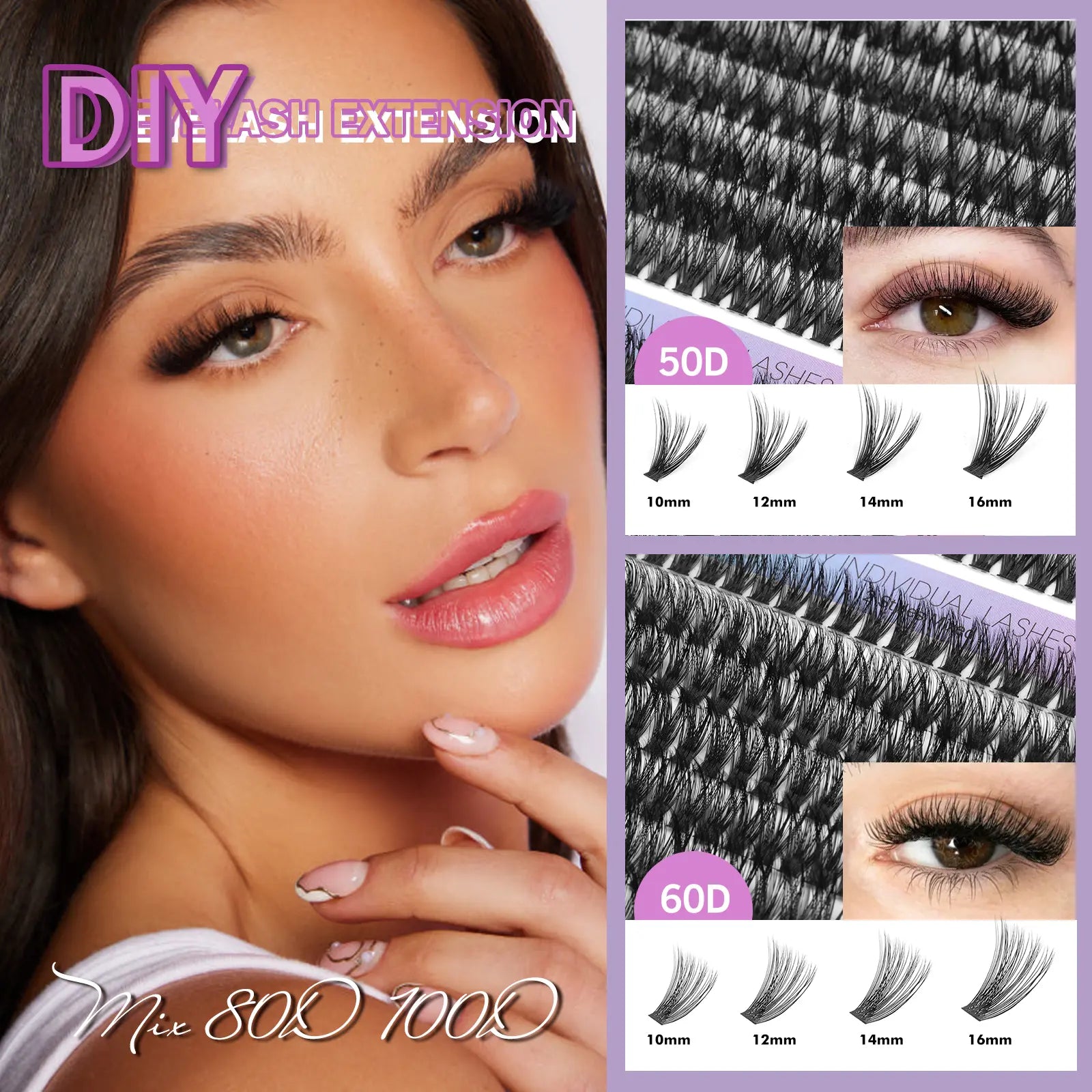 50D 60D Mega Volume Lash Clusters Kit 400PCS, D Curl False Eyelashes with Lash Glue and Applicator Tweezer