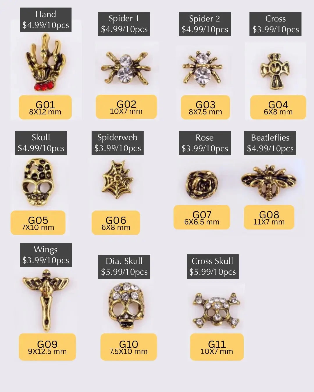 Halloween Metal Nail Charms Design Silver & Gold in many styles, Y2K, Gothic (10pcs/bag)