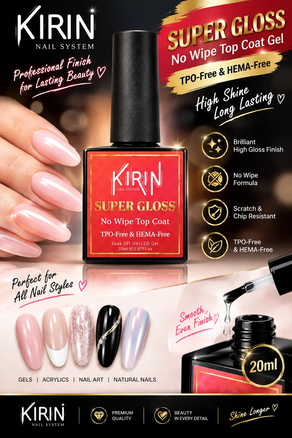 KIRIN Super Gloss No-Wipe Top Coat Gel (TPO-Free & HEMA-Free) – 20ml (0.67 fl. oz.)
