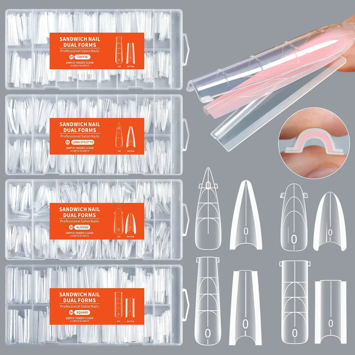 Sandwich Dual Nail Forms for Builder Gel Molding Nails Extension (Reusable, 256 Pcs, 4 Shapes available)