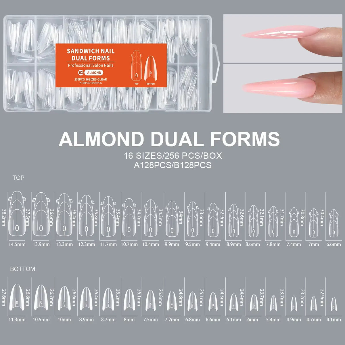 Sandwich Dual Nail Forms for Builder Gel Molding Nails Extension (Reusable, 256 Pcs, 4 Shapes available)