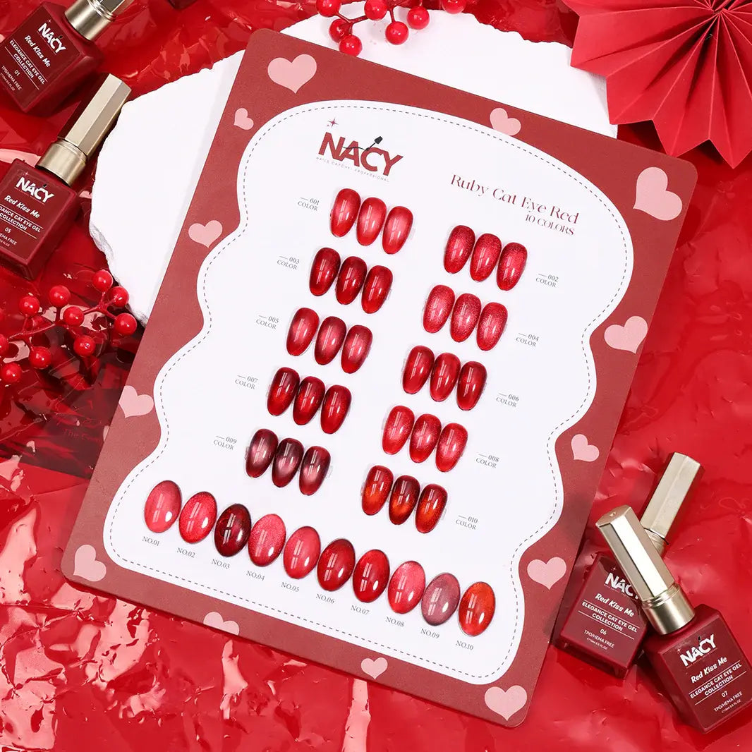Full Set Nacy Ruby Red Cat Eye Gel 10 Colors 0.5oz- Free Color chart display + Top Coat &amp; Magnet
