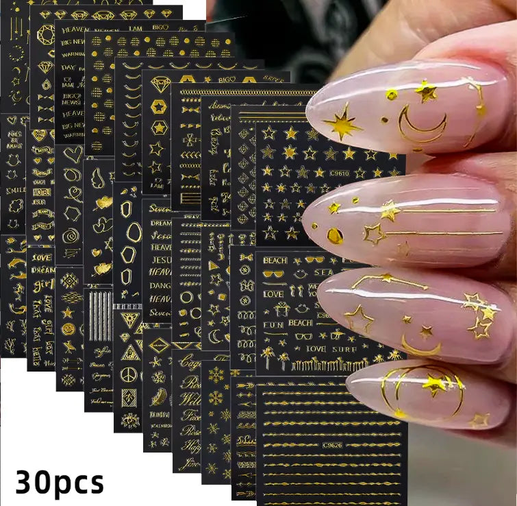 3D Laser Gold Star/Moon Geometry Nail Stickers (Set of 30pcs)