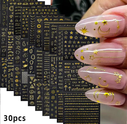 3D Laser Gold Star/Moon Geometry Nail Stickers (Set of 30pcs)