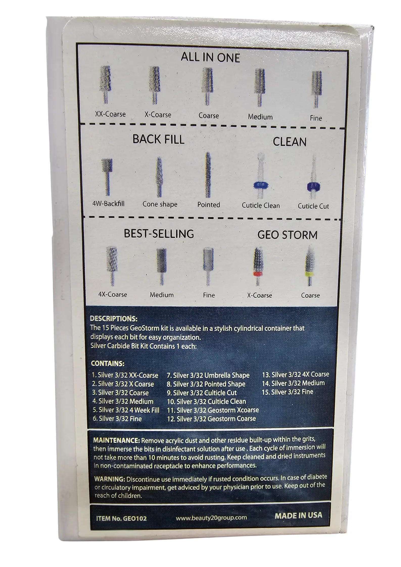 15 pcs GEOSTORM Drill Bit Set - Full Kit 15 Pieces Most Popular Drill Bits for Nail Technician