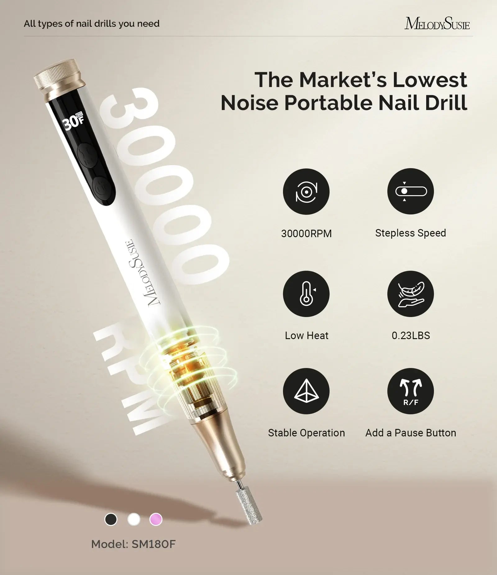 MelodySusie SM180F Pen-Shaped Rechargeable Nail Drill 30,000RPM