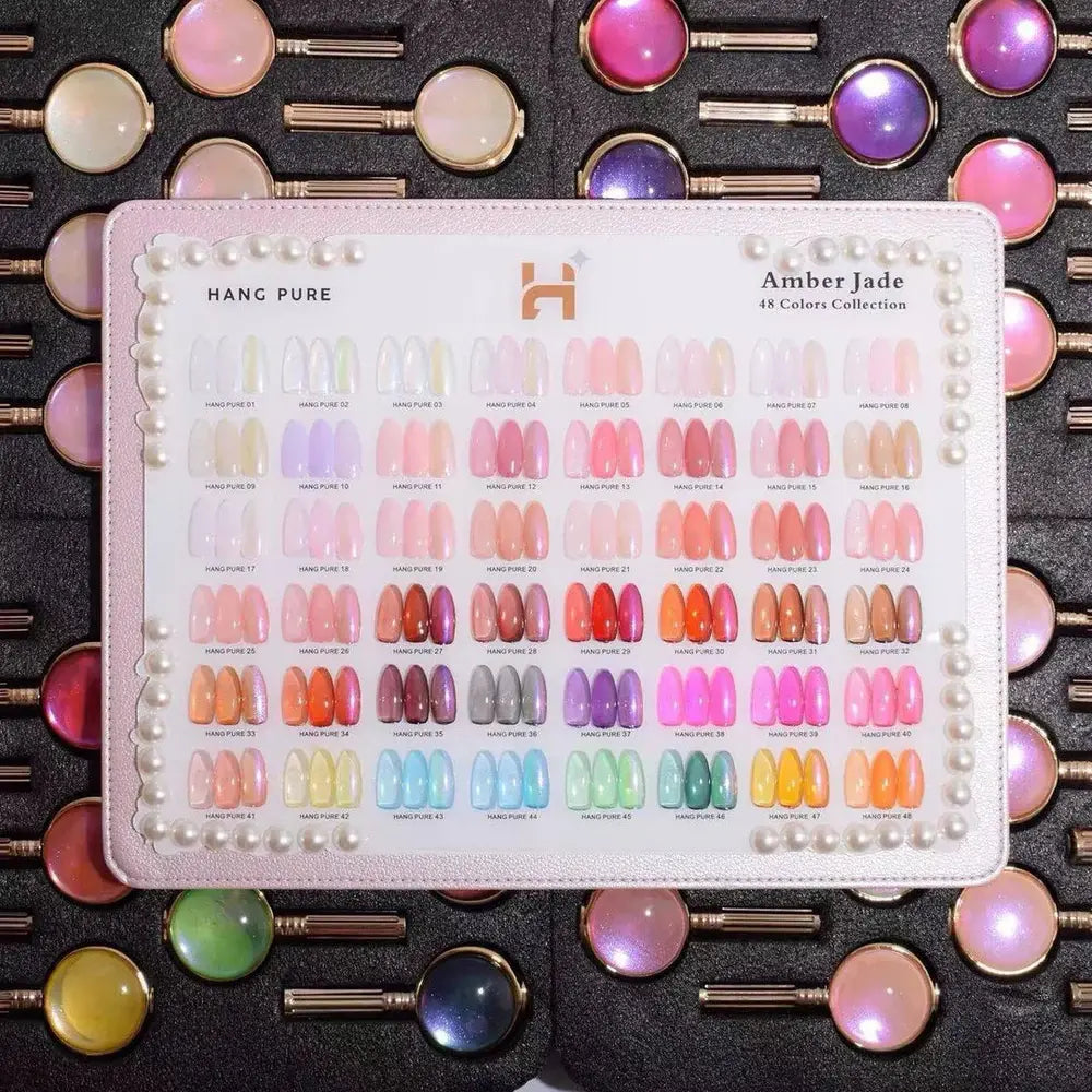 HANG PURE Amber Jade – 48 Colors Jelly Gel Set / Free Color Chart Display + Free Chrome Powder