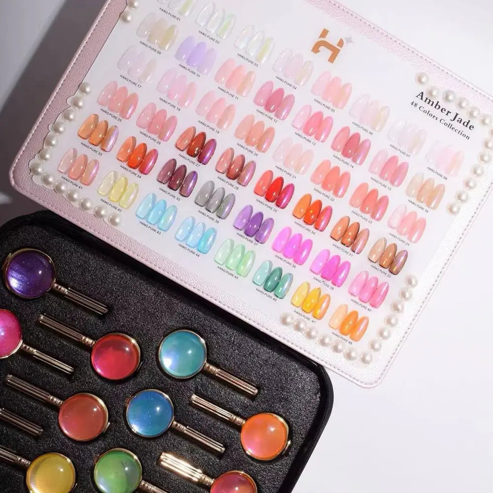 HANG PURE Amber Jade – 48 Colors Jelly Gel Set / Free Color Chart Display + Free Chrome Powder
