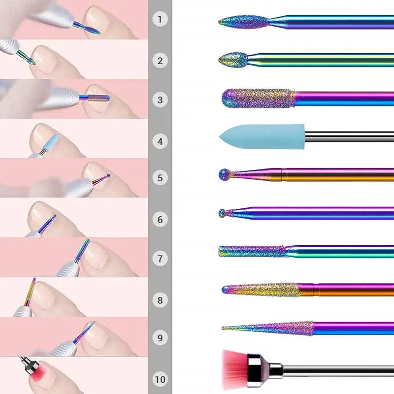 Colorful Diamond Cuticle Nail Drill Bits Set 10Pcs