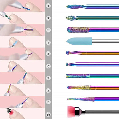 Colorful Diamond Cuticle Nail Drill Bits Set 10Pcs
