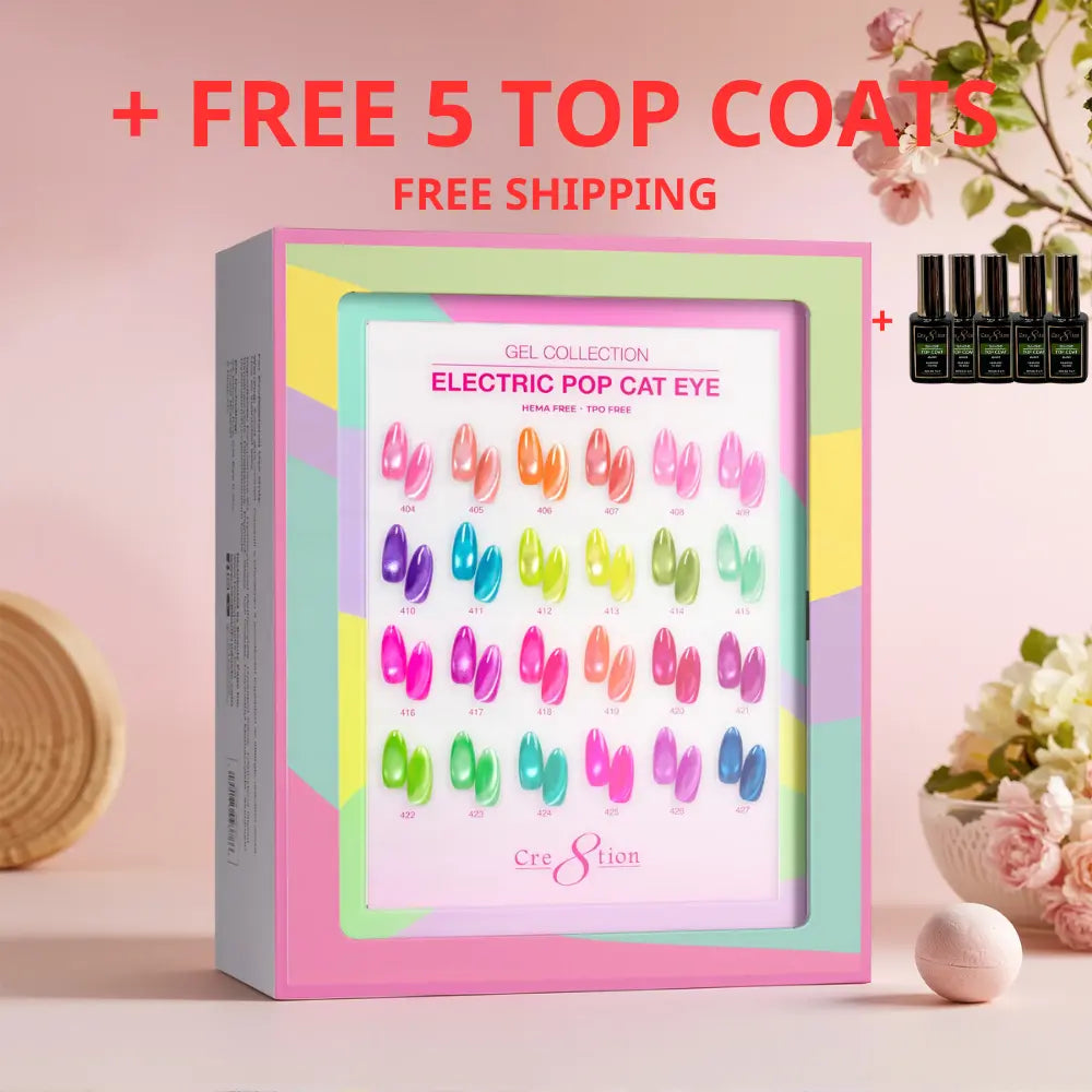 Cre8tion Electric Pop Cat Eye Gel Kit 24 Colors – Free 5 Diamond Top Coats