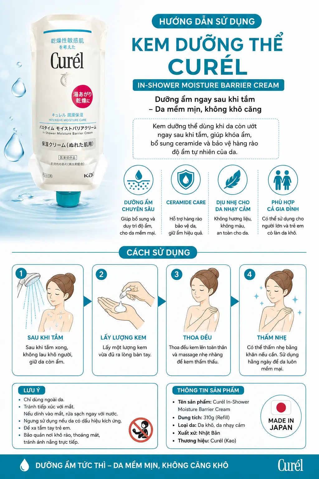 Kem Dưỡng Thể Curél In-Shower Moisture Barrier Cream Refill 310g