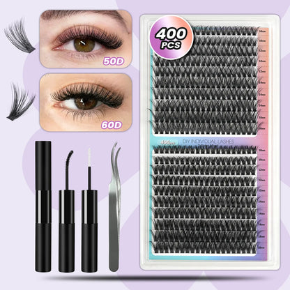 50D 60D Mega Volume Lash Clusters Kit 400PCS, D Curl False Eyelashes with Lash Glue and Applicator Tweezer