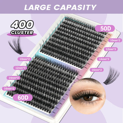 50D 60D Mega Volume Lash Clusters Kit 400PCS, D Curl False Eyelashes with Lash Glue and Applicator Tweezer