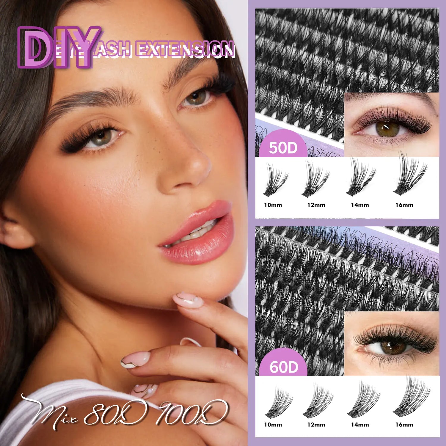 50D 60D Mega Volume Lash Clusters Kit 400PCS, D Curl False Eyelashes with Lash Glue and Applicator Tweezer