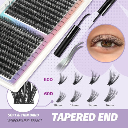 50D 60D Mega Volume Lash Clusters Kit 400PCS, D Curl False Eyelashes with Lash Glue and Applicator Tweezer