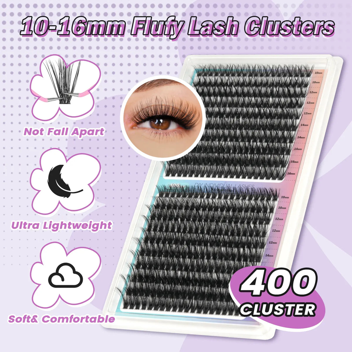 50D 60D Mega Volume Lash Clusters Kit 400PCS, D Curl False Eyelashes with Lash Glue and Applicator Tweezer
