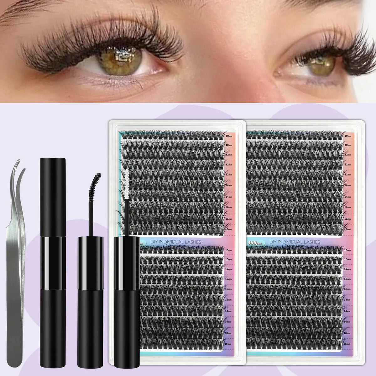 50D 60D Mega Volume Lash Clusters Kit 400PCS, D Curl False Eyelashes with Lash Glue and Applicator Tweezer