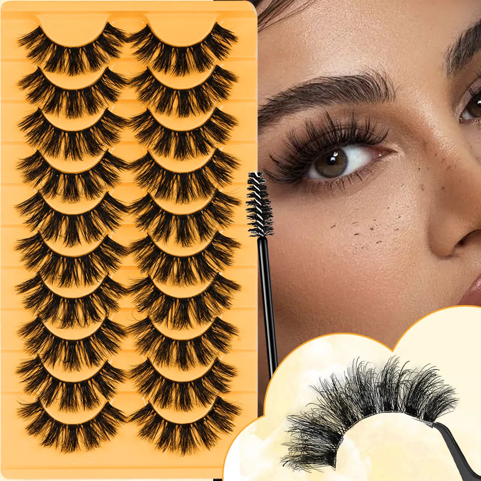 10 Pairs Fluffy and Volume False Eyelashes Set with Lash Brush