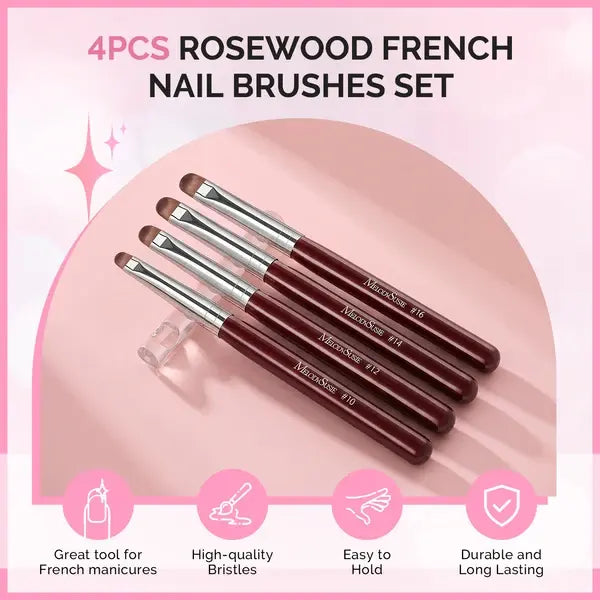 French Manicure with Rosewood Handles Nail Brush Set with Brush Holder - Sizes 