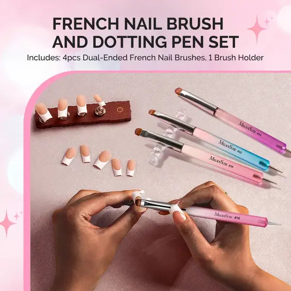Dual-Ended French Nail Brush and Dotting Pen Set with Brush Holder - Size 