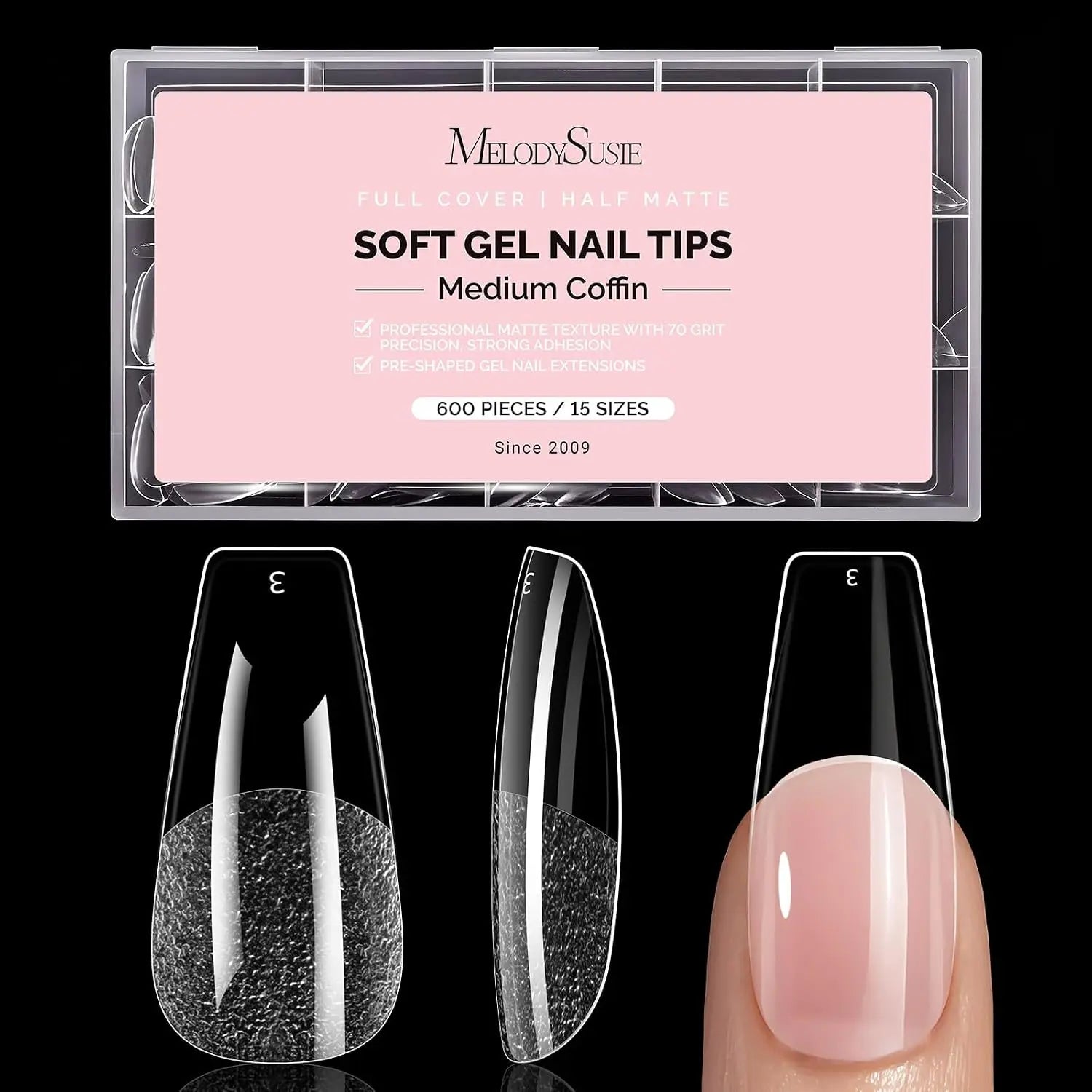 MelodySusie Clear Acrylic, Half Matte Press on Nail and Toenail Tips - 600Pcs