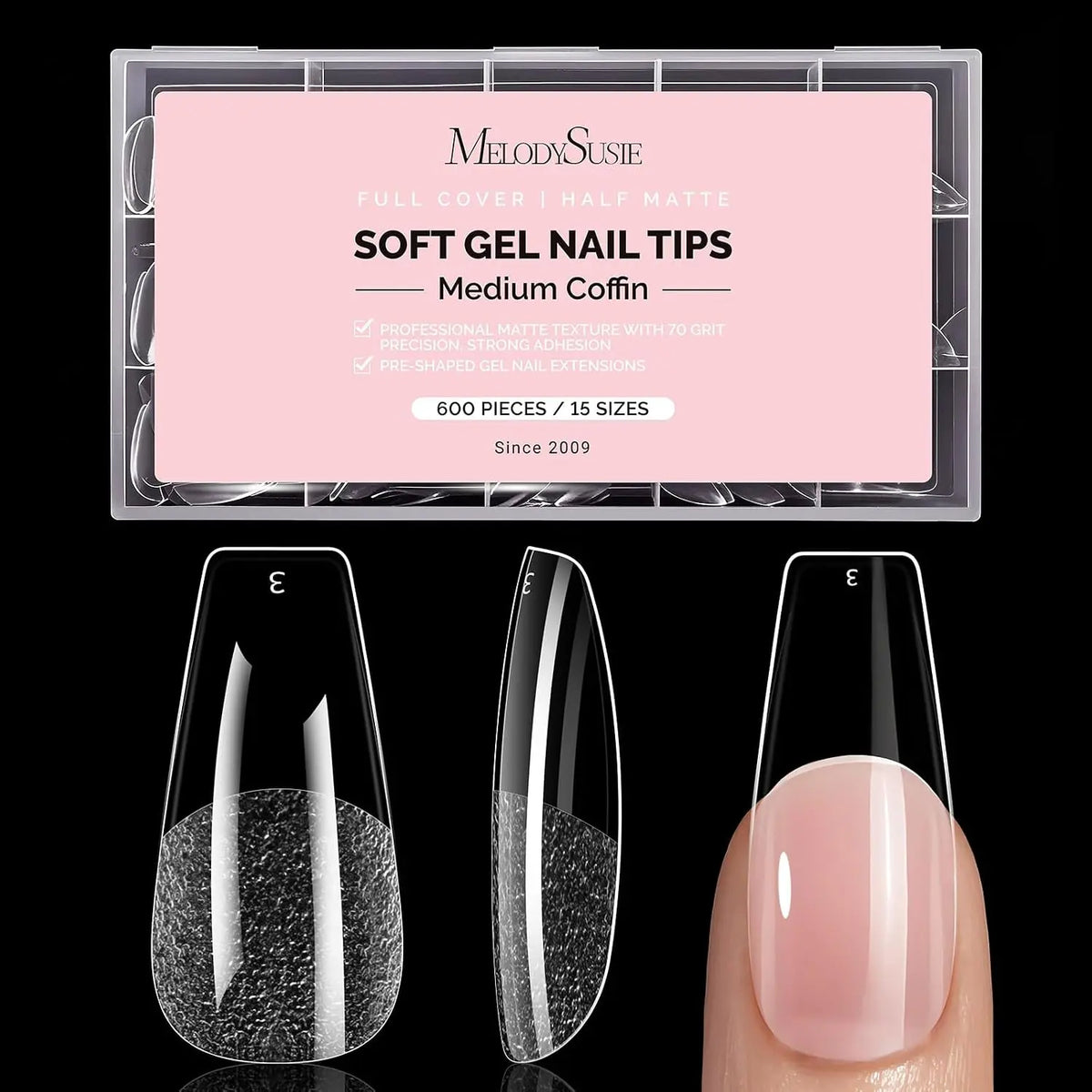 MelodySusie Clear Acrylic, Half Matte Press on Nail and Toenail Tips - 600Pcs