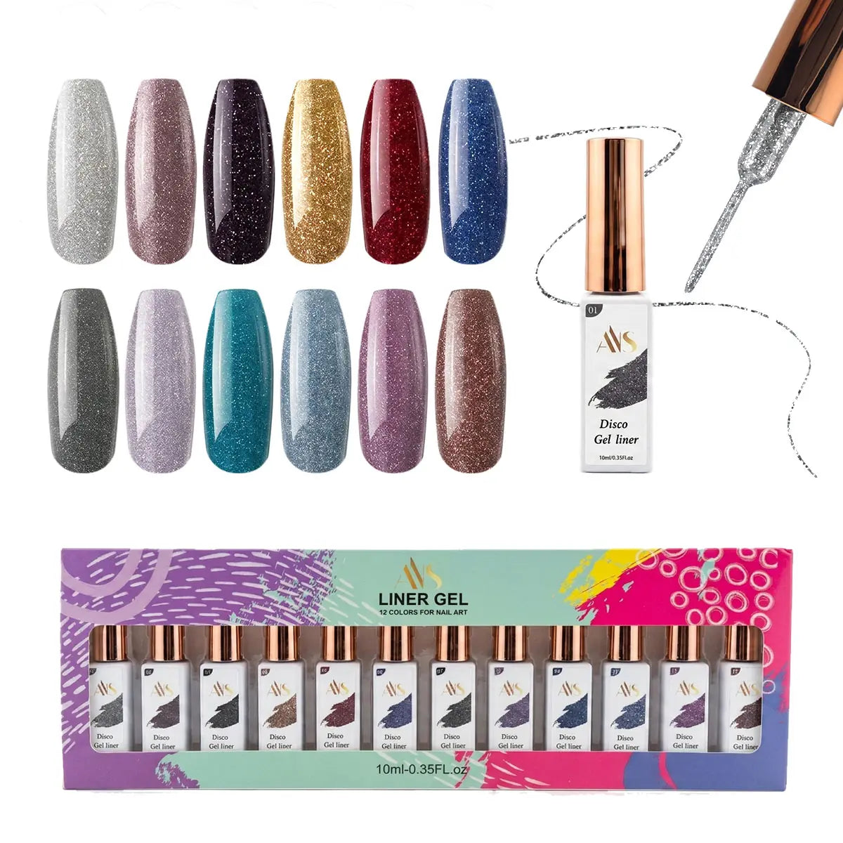 ANS Liner Gel Glitter Set of 12 Colors