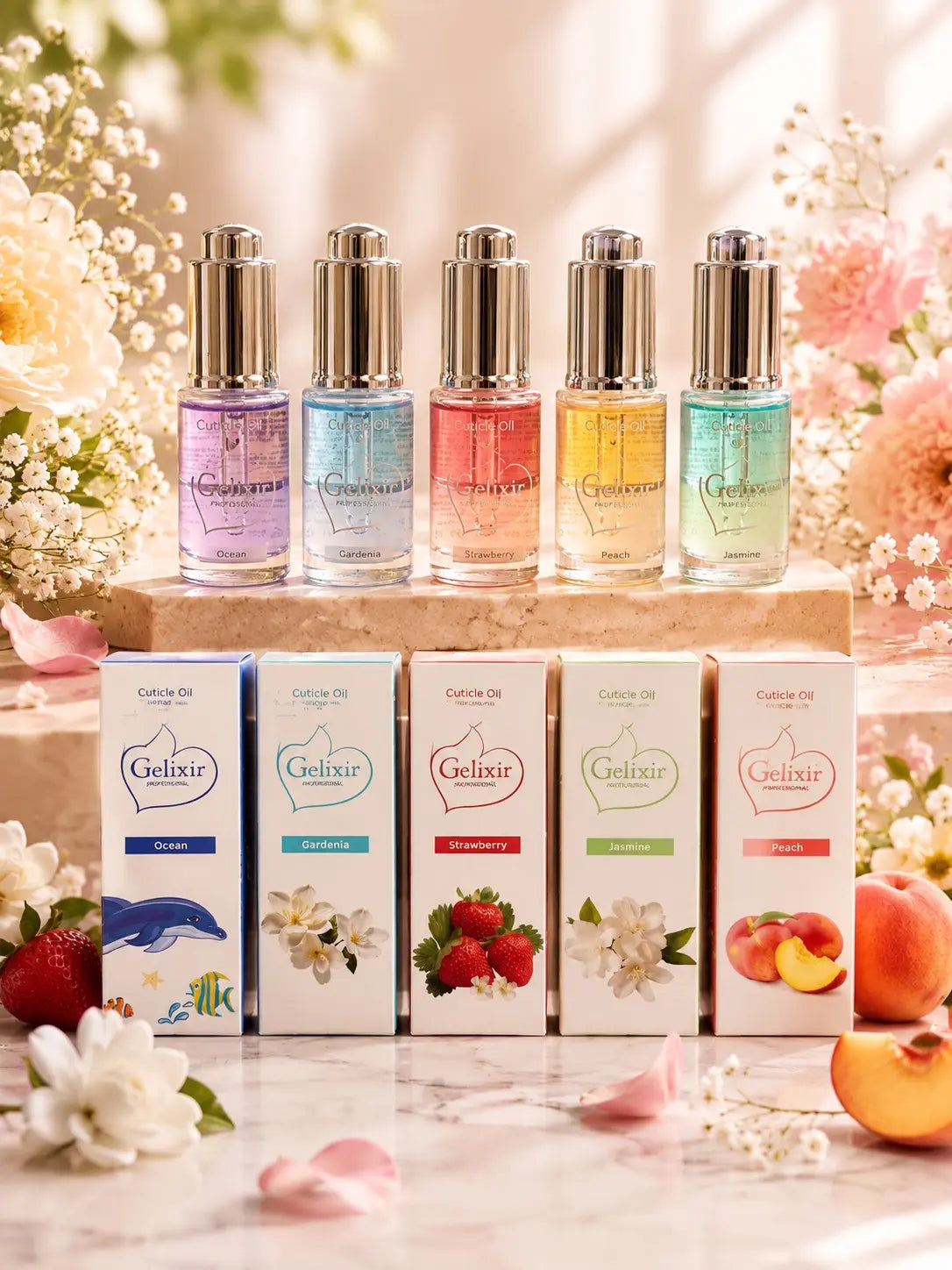 GELIXIR Flower Cuticle Oil with Dropper 0.5oz (5 scents) - Perfect idea for holiday gift