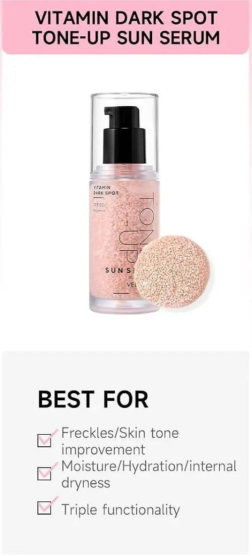 VELY VELY Vitamin Dark Spot Tone-Up Sun Serum, SPF 50+ PA++++ Broad Spectrum Facical Sunscreen Lightweight, Non-Sticky, No-Pilling Evens Out Skin Tone for Sensitive Skin 30ml/1.01 oz