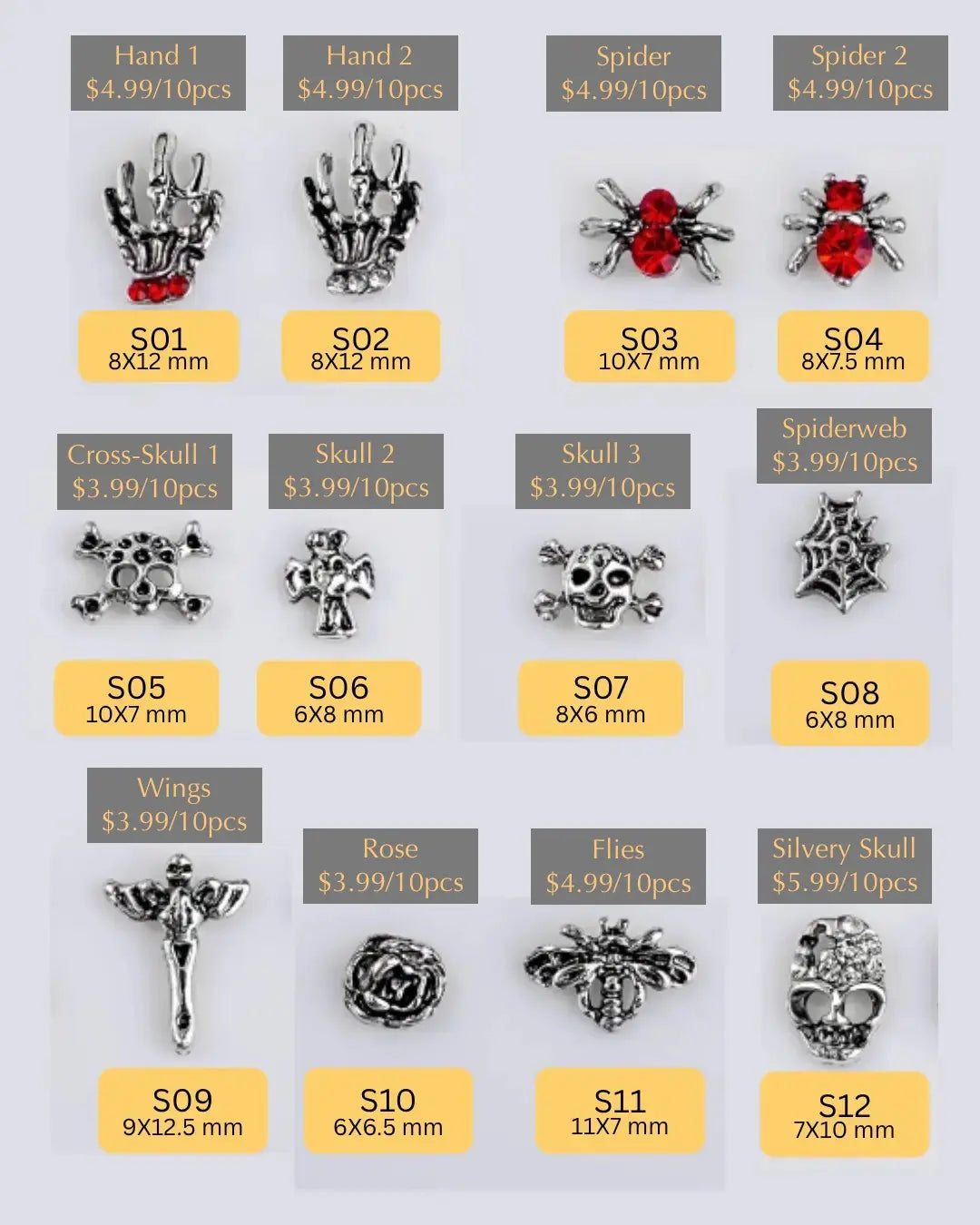 Halloween Metal Nail Charms Design Silver &amp; Gold in many styles, Y2K, Gothic (10pcs/bag)