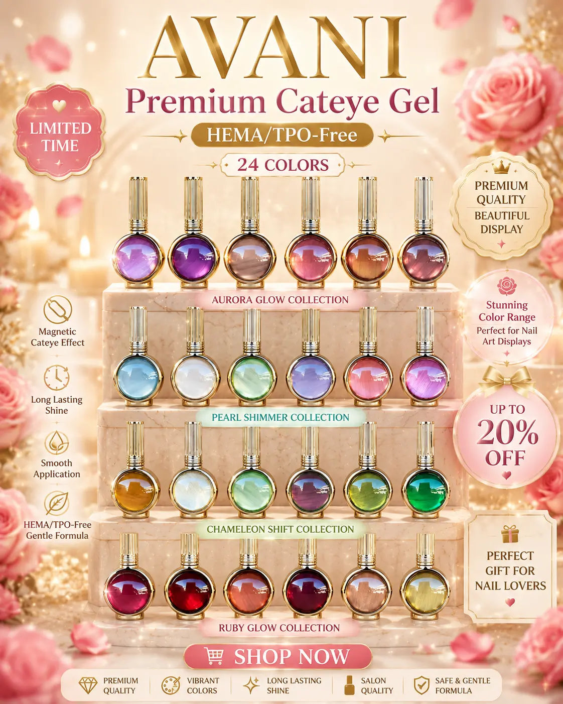 AVANI Premium Gel Polish Fruit Cateye HEMA/TPO-Free (24 colors+1 color chart+2 magnets)