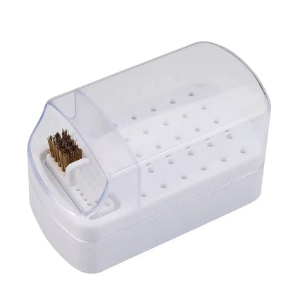 2-in-1 Nail Drill Bits Storage Box with 30 Holes Cleaning Brush (White)