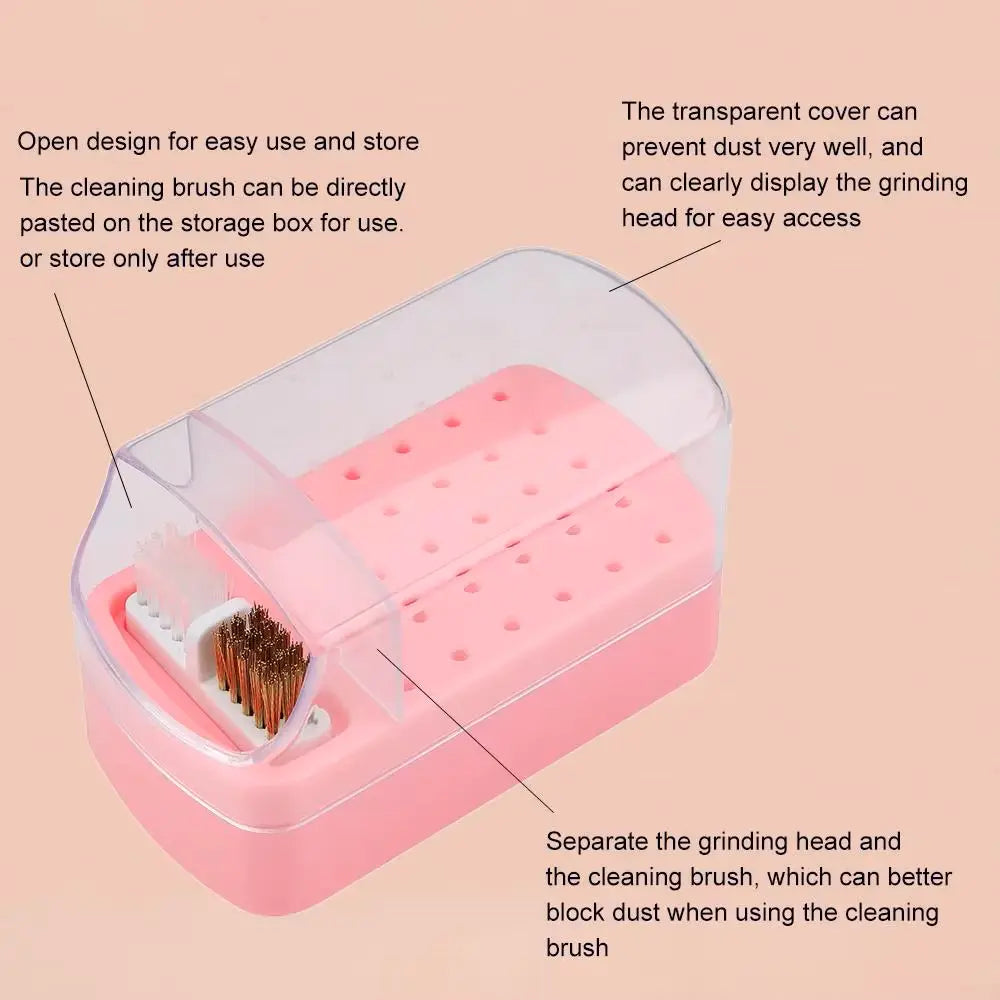 2-in-1 Nail Drill Bits Storage Box with 30 Holes Cleaning Brush (White)