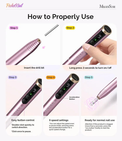 PocketNail PC100GR/PC100G Pen-Shaped Innovative Portable Rechargeable Nail Drill 20,000RPM