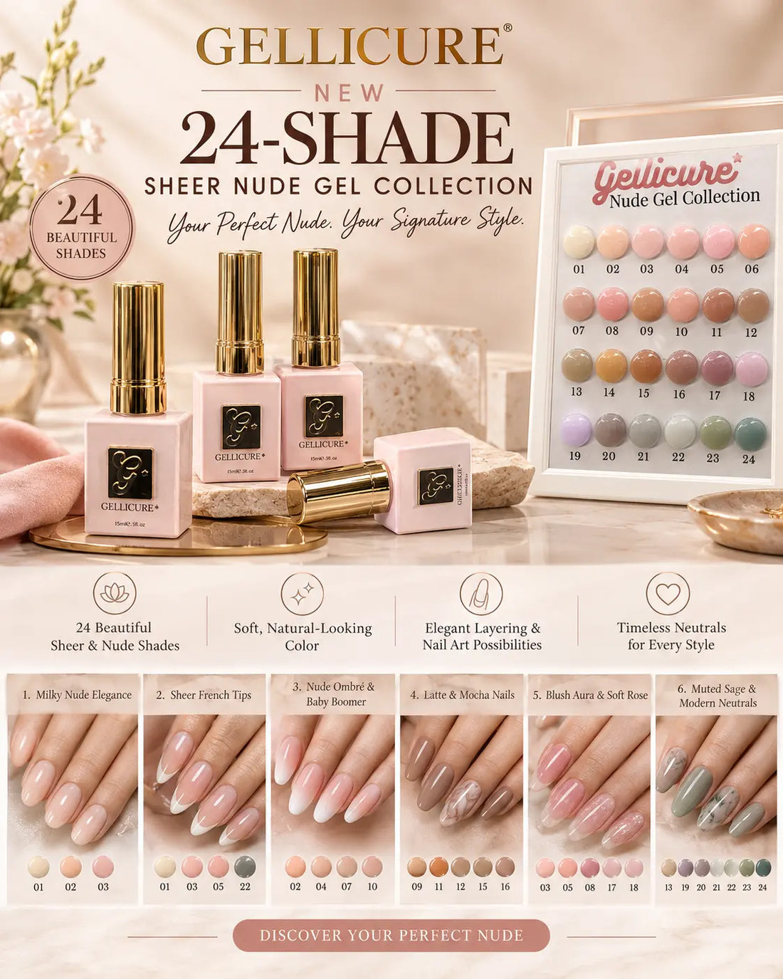 GELLICURE Most Popular Sheer Nude Classic Gel Colors 0.5oz (24 Shades & 1 color chart)