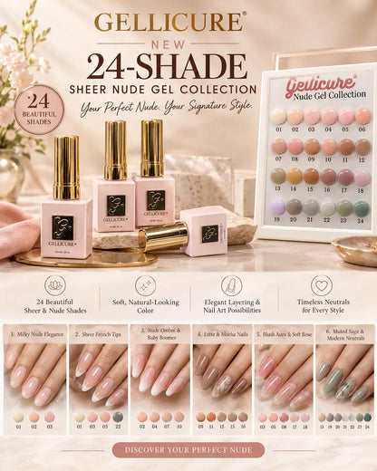 GELLICURE Most Popular Sheer Nude Classic Gel Colors 0.5oz (24 Shades &amp; 1 color chart)