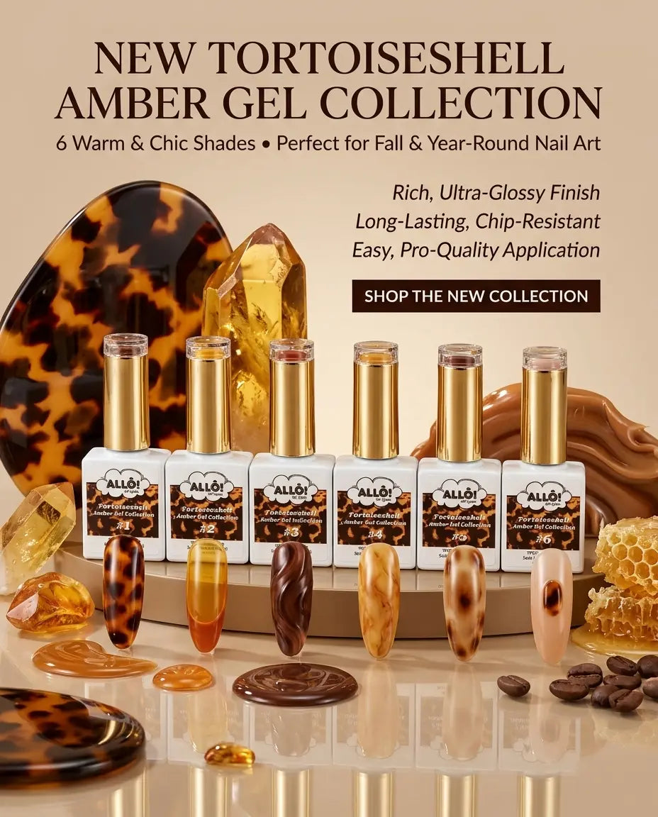 ALLÔ New 6 Shades Tortoiseshell Amber Gel Collection TPO/HEMA-Free &amp; FREE Clear White Cateye / Fairydust Chrome Powder - Fall collection 2026
