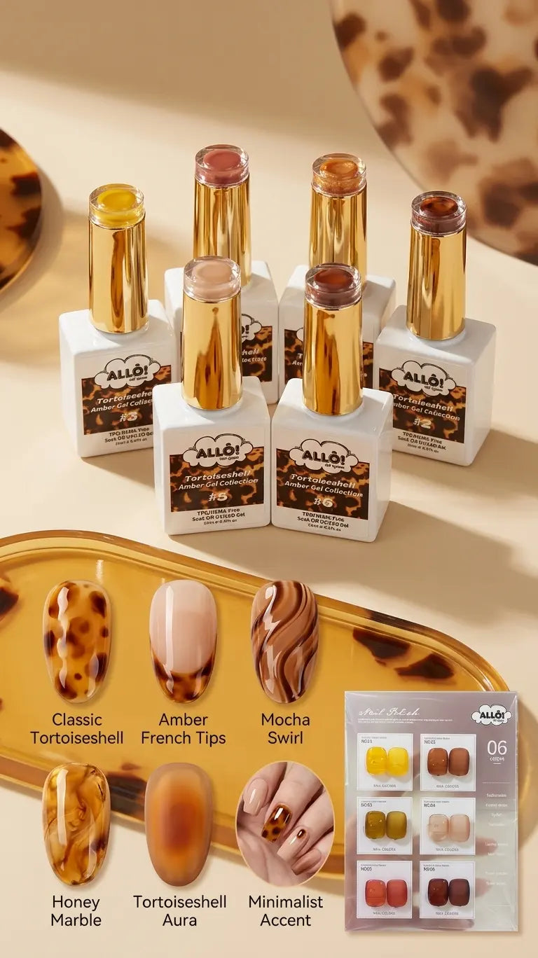 ALLÔ New 6 Shades Tortoiseshell Amber Gel Collection TPO/HEMA-Free &amp; FREE Clear White Cateye / Fairydust Chrome Powder - Fall collection 2026