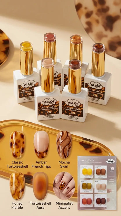 ALLÔ New 6 Shades Tortoiseshell Amber Gel Collection TPO/HEMA-Free &amp; FREE Clear White Cateye / Fairydust Chrome Powder - Fall collection 2026
