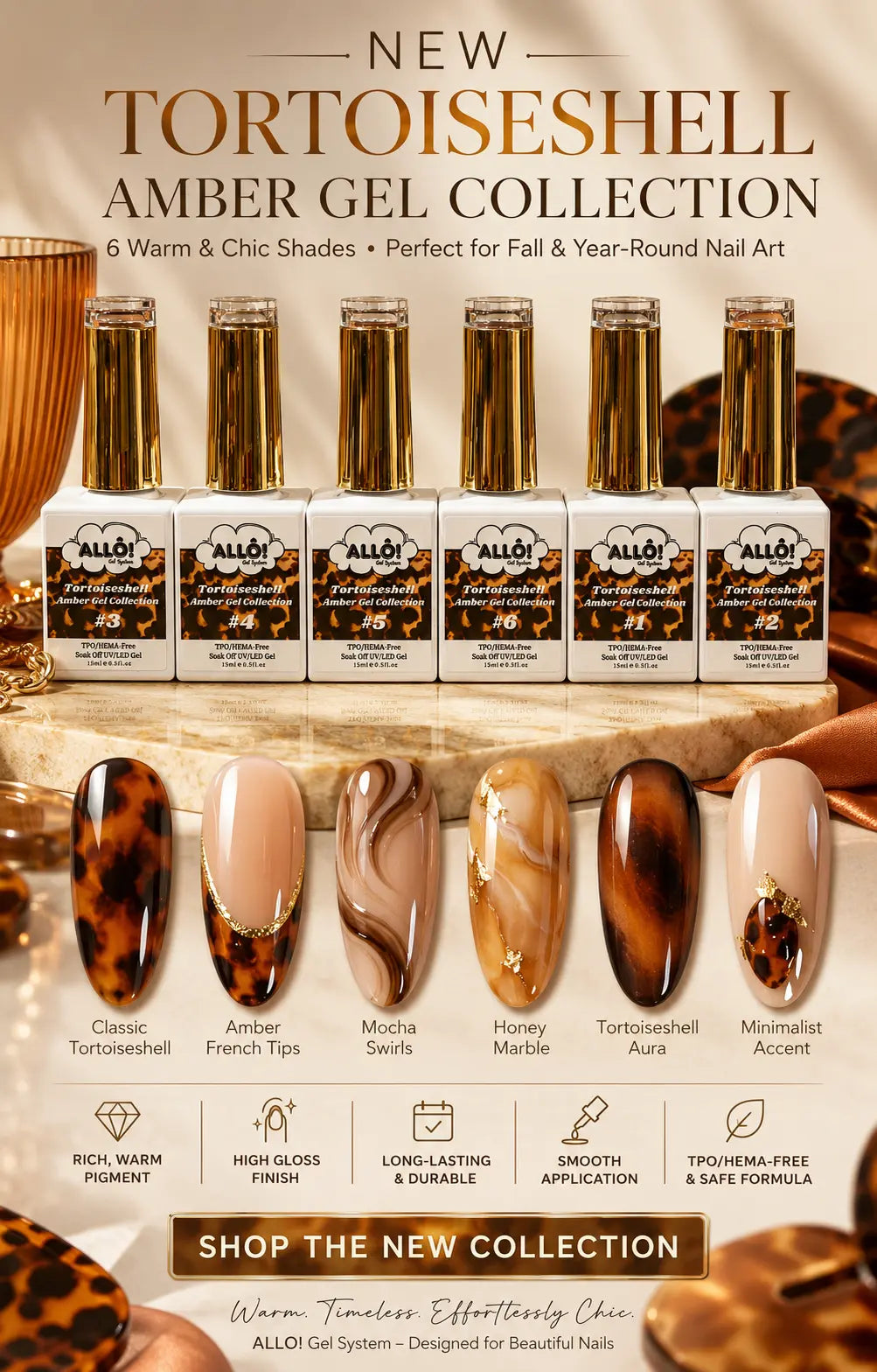 ALLÔ New 6 Shades Tortoiseshell Amber Gel Collection TPO/HEMA-Free &amp; FREE Clear White Cateye / Fairydust Chrome Powder - Fall collection 2026