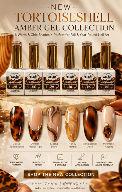 ALLÔ New 6 Shades Tortoiseshell Amber Gel Collection TPO/HEMA-Free &amp; FREE Clear White Cateye / Fairydust Chrome Powder - Fall collection 2026