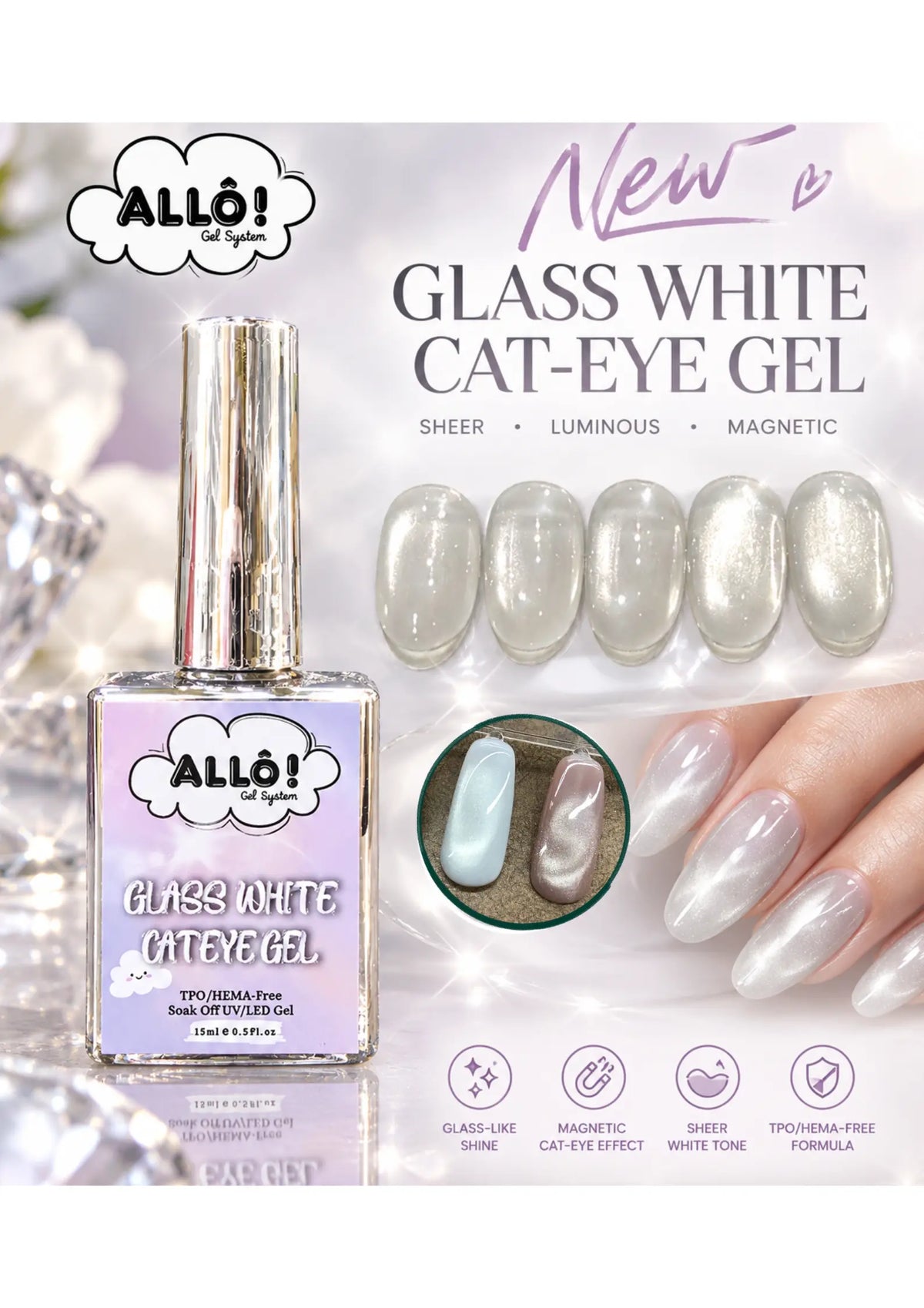 ALLÔ Glass Clear White Cateye Gel TPO/HEMA-Free 0.5oz &amp; Magnets