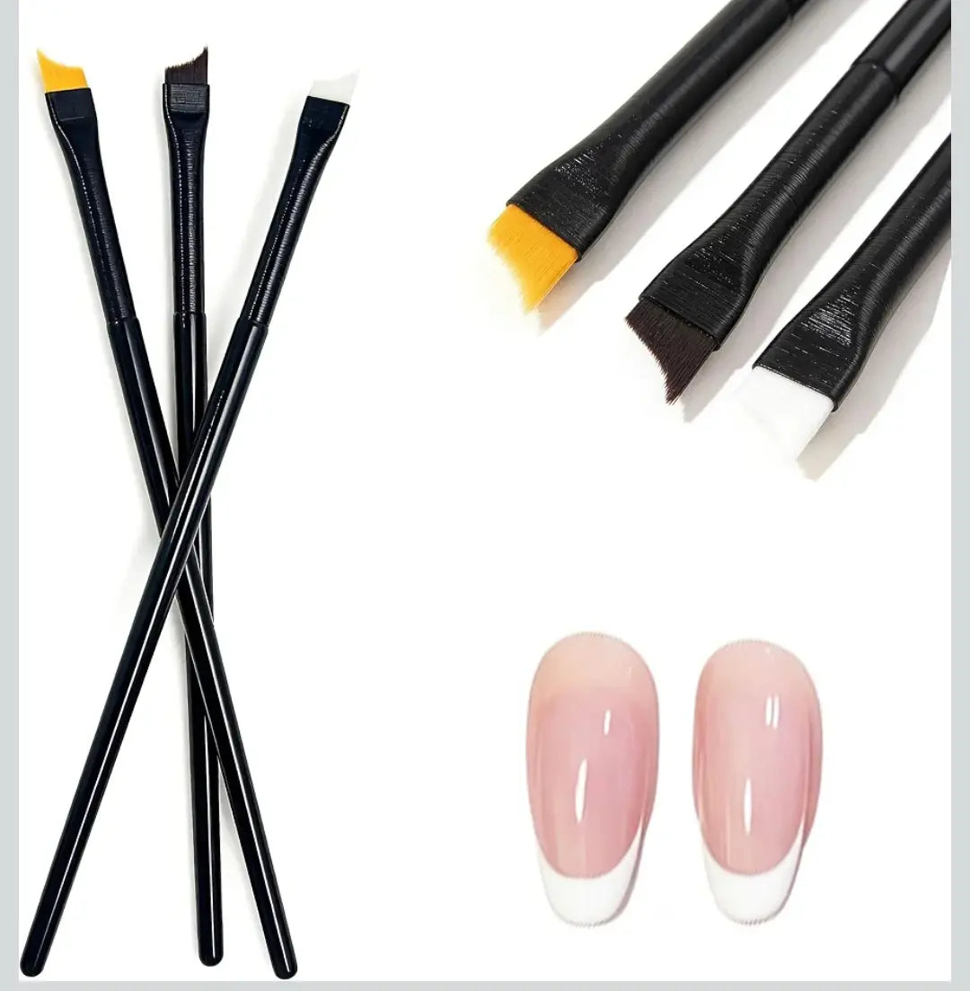 Curved Head Easy French Tip Nail Brush, Black Soft-Bristled, Pack of 3