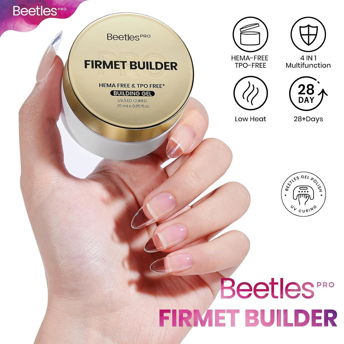 Beetles Hard Gel HEMA &amp; TPO-Free &amp; Low Heat, Clear Builder Nail Gel for Pro