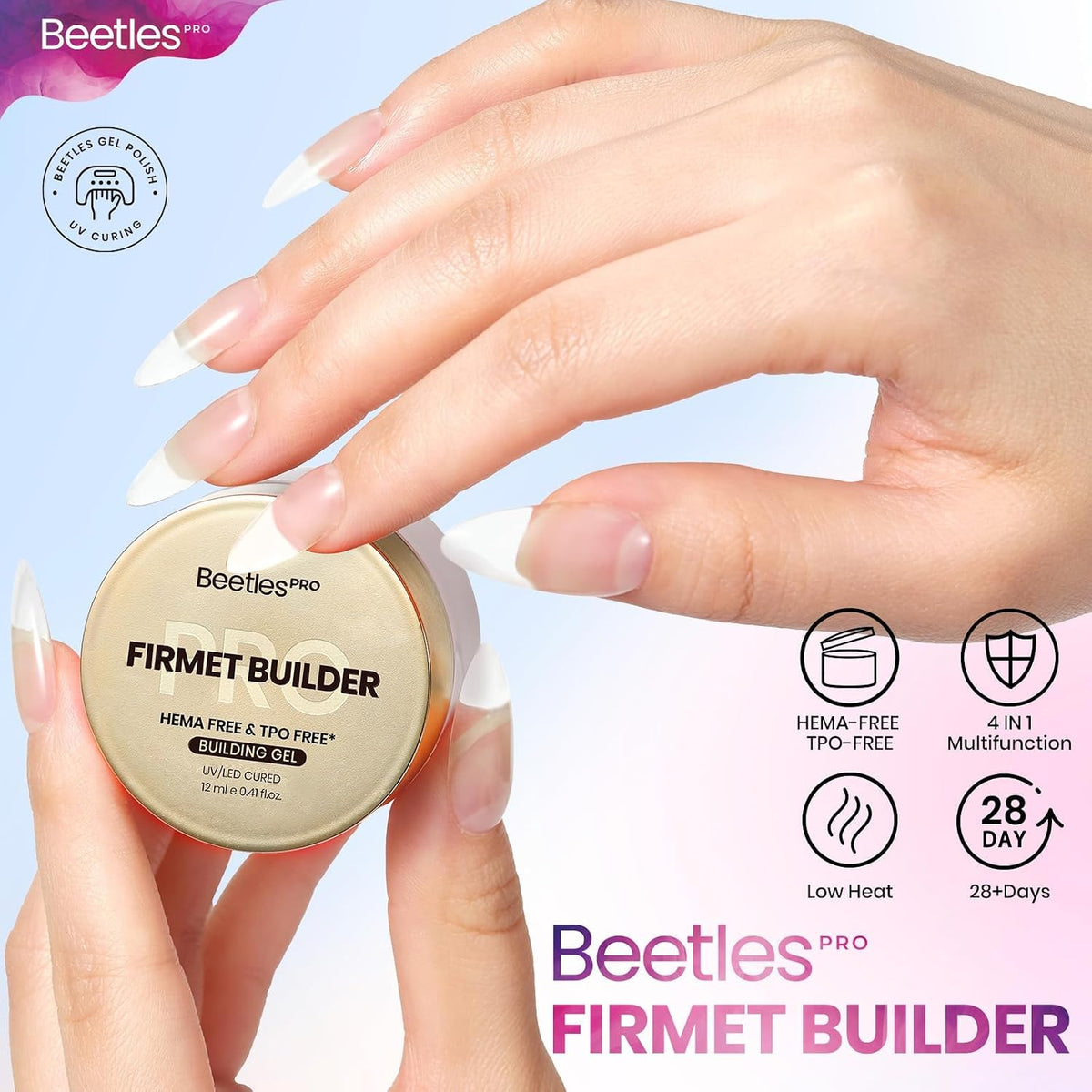 Beetles Hard Gel HEMA &amp; TPO-Free &amp; Low Heat, 12 ml Clear Builder Nail Gel